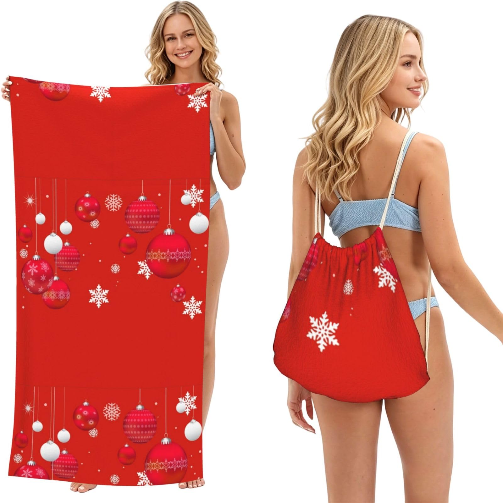 Poadnly As Picture Christmas Baubles Red White Xmas Balls Snowflakes, 2 In 1 Packable Towel Bag, Beach Towels With Drawstring Backpack For Travel Holiday Camping