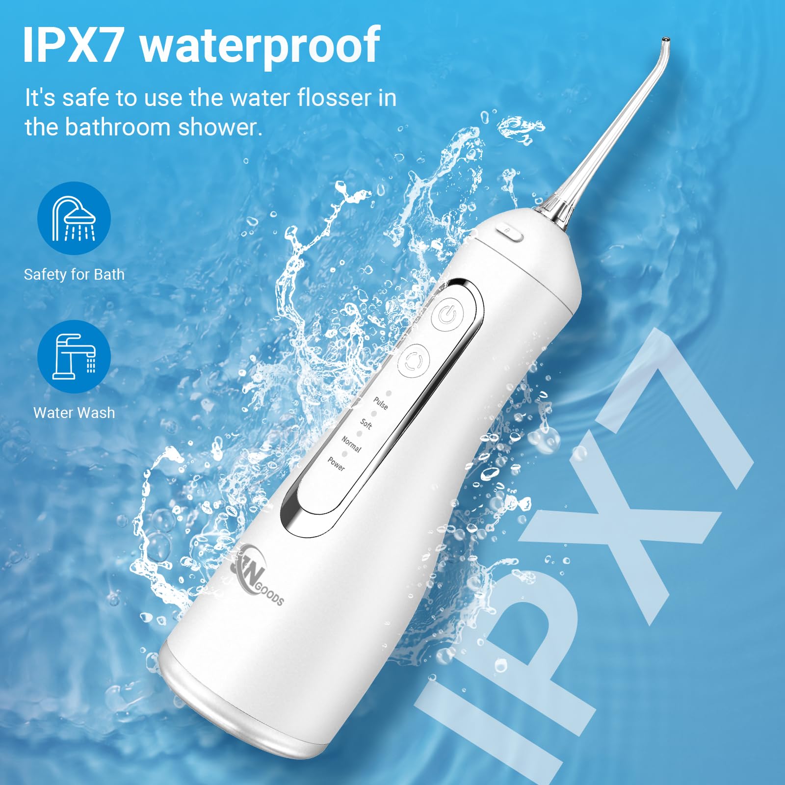 JNGOODS JNGOODS - Irrigador bucal inalámbrico de agua, 300 ml, recargable para dientes, IPX7, impermeable, 4 modos, irrigador oral portátil con 4 puntas de chorro, uso doméstico de viaje (blanco)