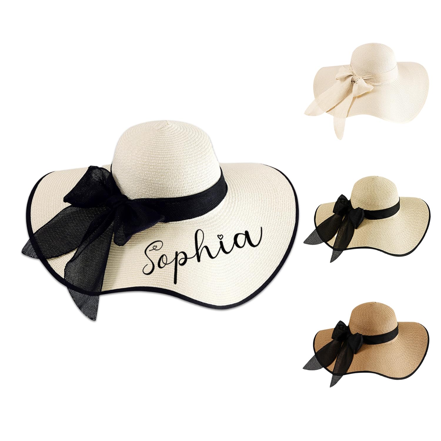 Personalized Womens Straw Sun Hat,Custom Beach Hat with Embroidered Name,Floppy Foldable Summer Caps Wide Bride Hats