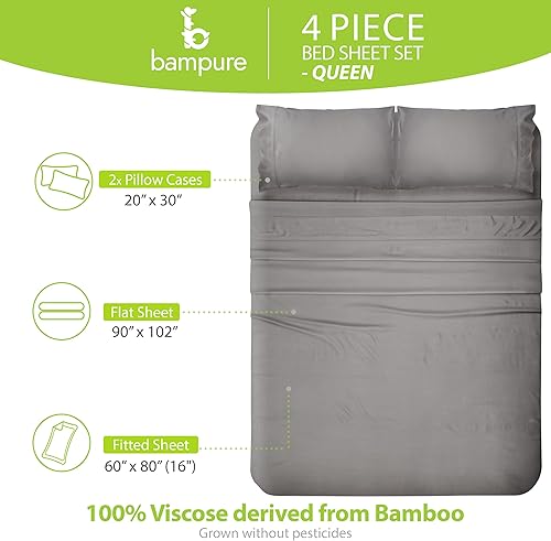 Vista 163 de BAMPURE - Juego de sábanas de 100 % viscosa de bambú, refrescantes, suaves, bolsillo profundo de hasta 16 pulgadas, 1 sábana encimera, 1 sábana Gris