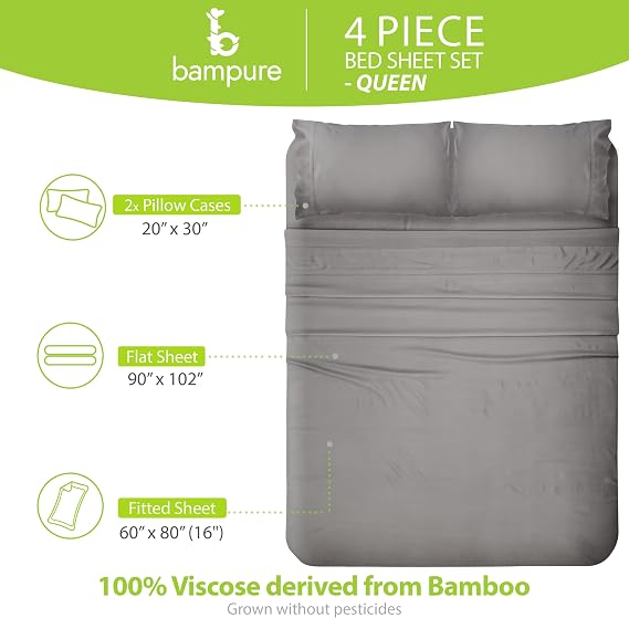 BAMPURE 100% Rayon Bamboo Sheets Queen Size - 4 Piece Cooling Sheets Queen