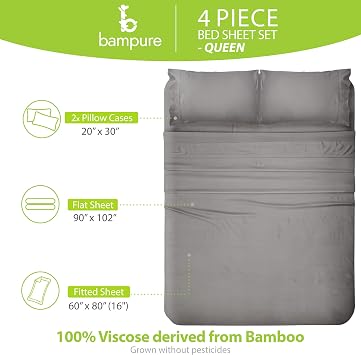 BAMPURE 100% Rayon Bamboo Sheets Queen Size - 4 Piece Cooling Sheets Queen