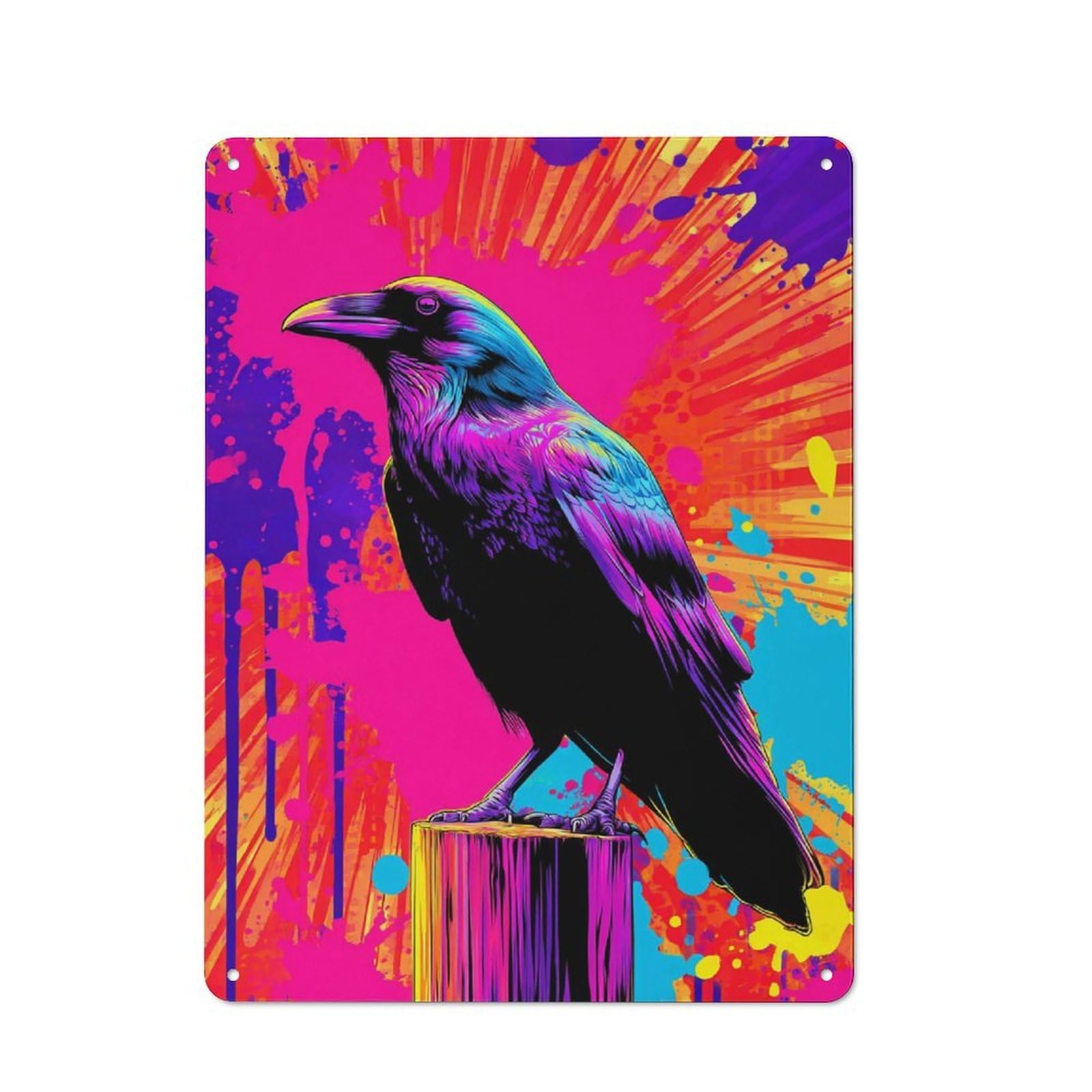 Junmoney Colorful Raven On Abstract Background Retro Tin Sign 40X30cm For Garage Or Workshop, For Furnishing A New Garage And Workshop With Retro Decor