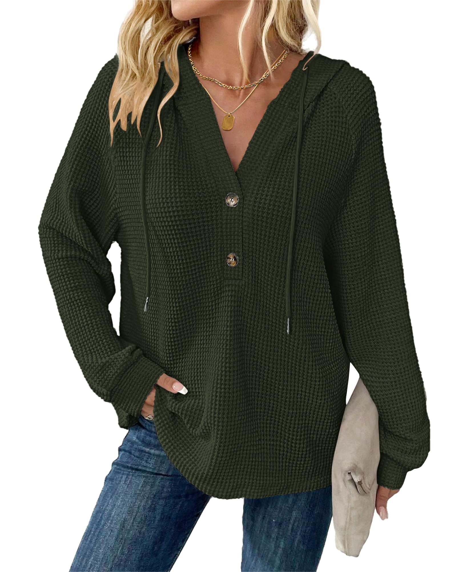 WNEEDU Womens Long Sleeve Tops Waffle Knit Hoodies Drawstring Button V Neck Casual Sweatshirt 2025 New Pullover