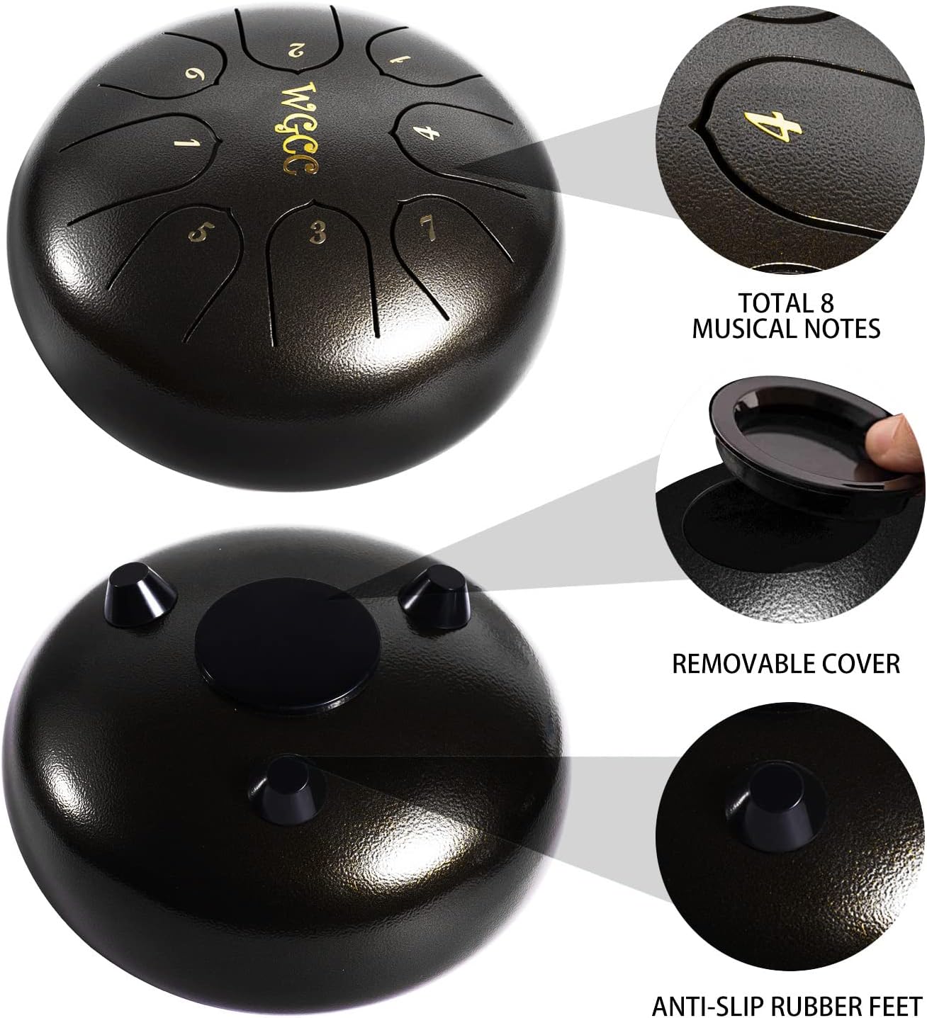 WGCC Steel Tongue Drum, C-Key Hand Drum 8 Notes 6 Inch - Professional Percussion Instrument Steel Drum for Beginner Adult Kids as Christmas Birthday Gift (Black)