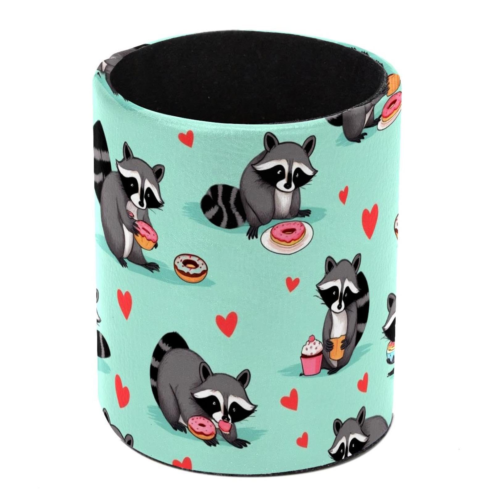 HEOEH Raccoon Hearts Pen Holder for Desk, PU Leather Pencil Holder Pen Cup Marker Holder Makeup Brush Holders, Desk Accessories & Workspace Organizers for Home, Office