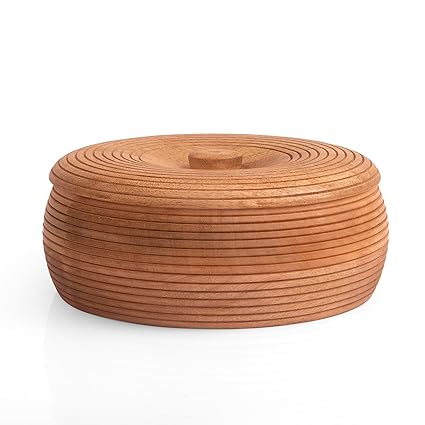 Handcrafted Wooden Mexican Tortilla Warmer Basket Indian Chapati Roti Bread Holder Box Pancake Keeper Serveware Hot Pot Casserole Dish With Lid Home Kitchen Dining Decor, Natural Brown, 9 x 3 Inches