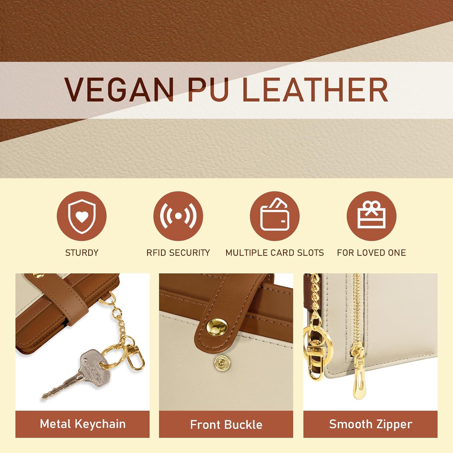 Small Ladies Wallet, Rfid Slim Thin Compact Credit Card Women Wallet, PU Leather Bifold Cash Wallet, Zipper Coin Pocket & ID Window, Female Gifts Beige and Brown - Image 6