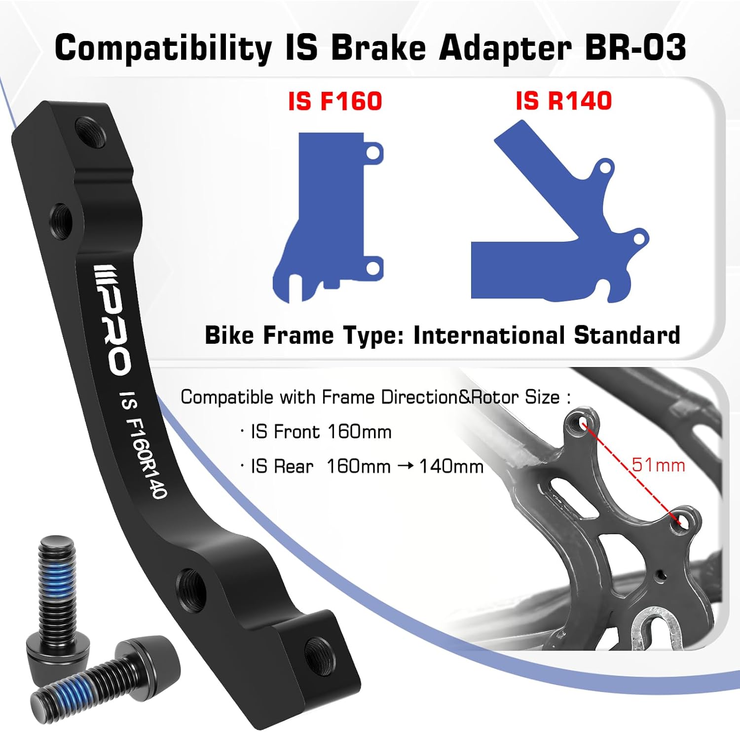 IIIPRO BR-03 is Front 160mm/ is Rear 160mm to 140mm Disc Brake Caliper Adapter and IIIPRO AR68 140mm 160mm 180mm 203mm Floating Bike Disc Brake Rotor