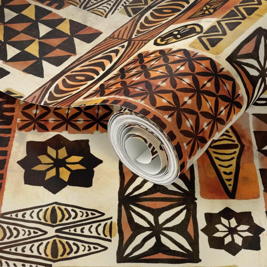 Peel & Stick Wallpaper 3ft x 2ft - Hawaiian Orange Red Yellow Old Rust Antique Polynesian Tiki Custom Removable Wallpaper by Spoonflower