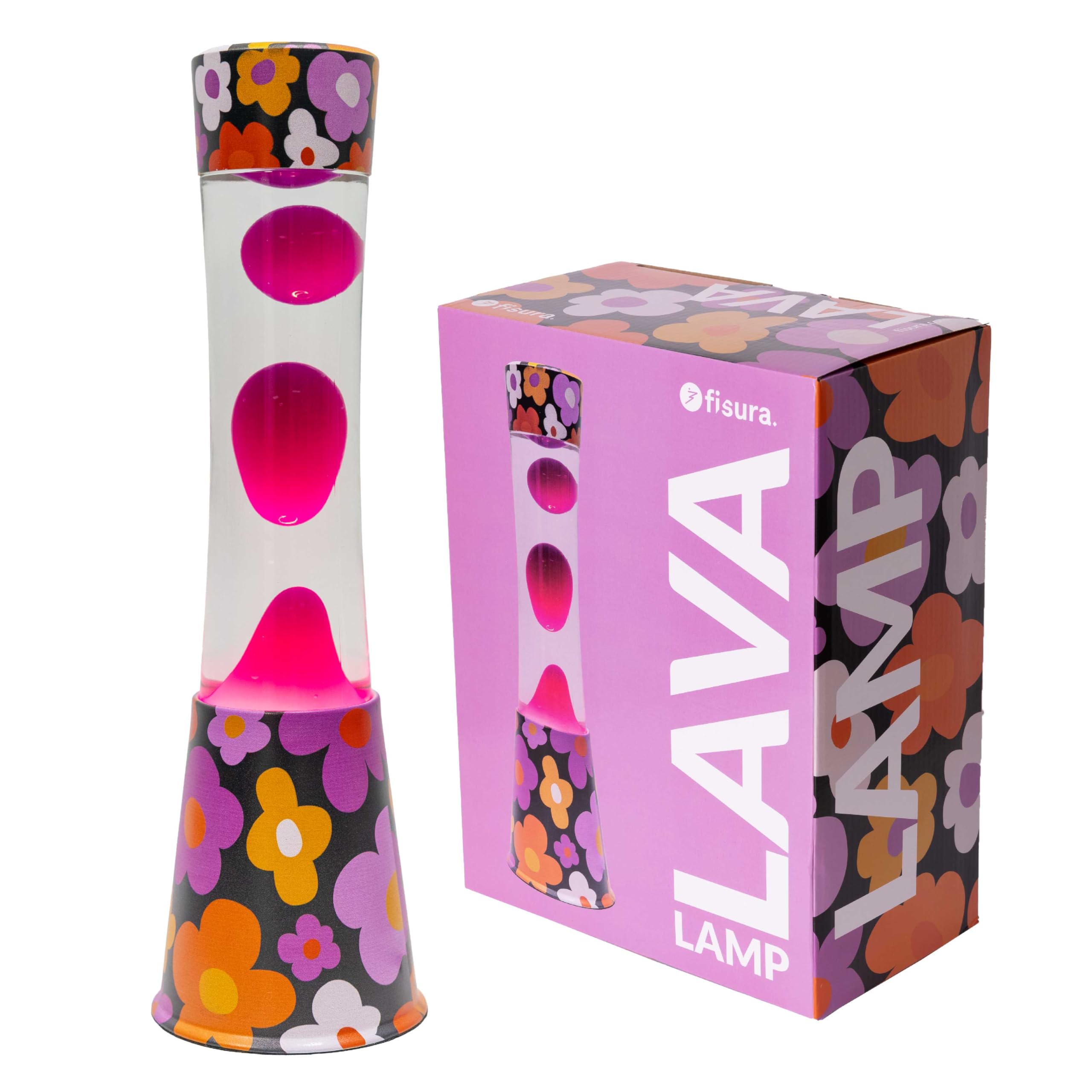Fisura - Lámpara de lava “flores”. Base con estampado de flores, líquido transparente y lava rosa. Lámpara efecto relajante. Con bombilla de repuesto. 11 cm x 11cm x 39,5 cm.