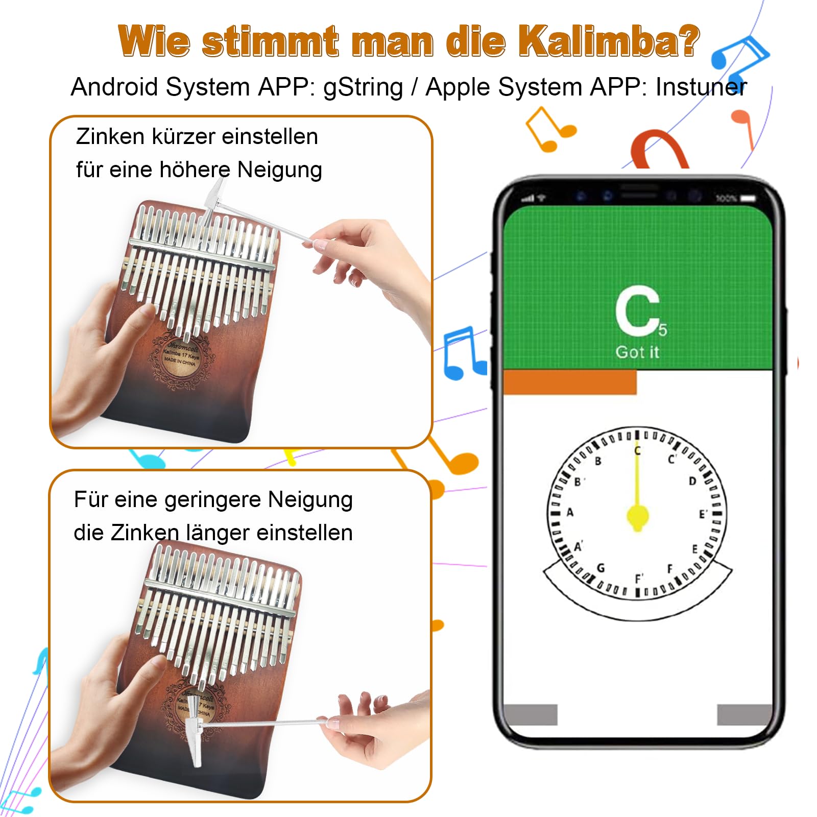Kalimba - 17 Keys Kalimba Instrument mit Lernwerkzeuge,Finger Percussion,Professionelle Daumenklavier für Kinder, Erwachsene,Erwachsene und Musikliebhaber(Allmähliches Braun)