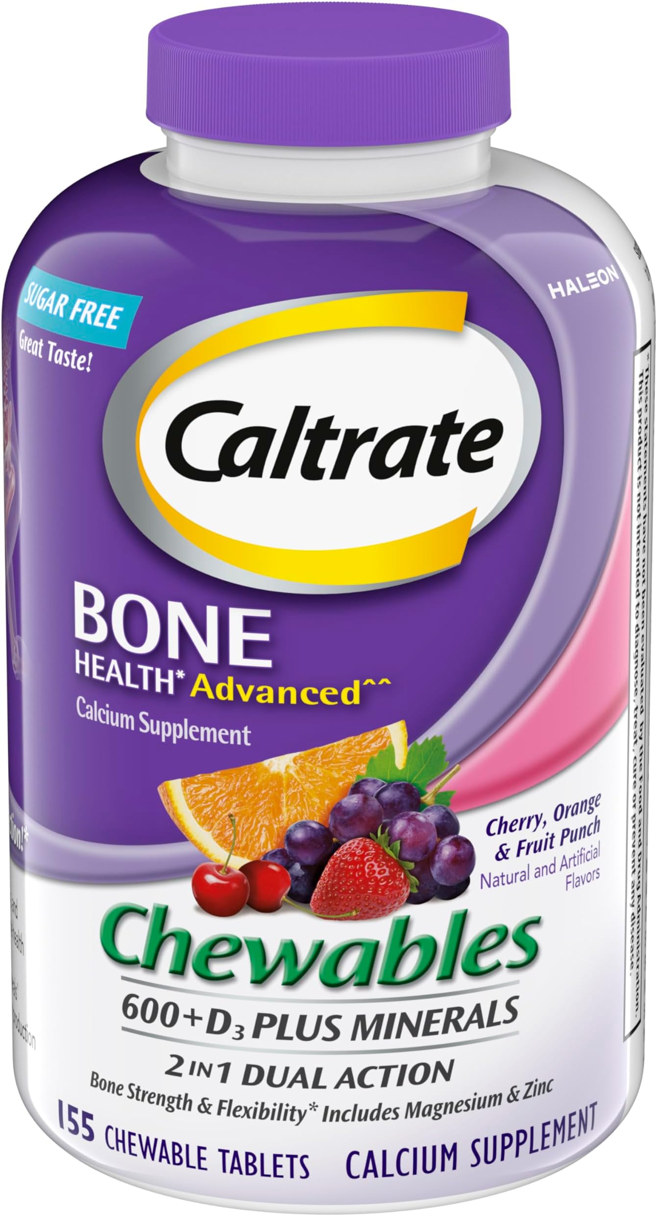 Caltrate Chewables 600 +D3 Plus Minerals Calcium and Vitamin D, Sugar Free, Cherry, Orange and Fruit Punch, 155 count
