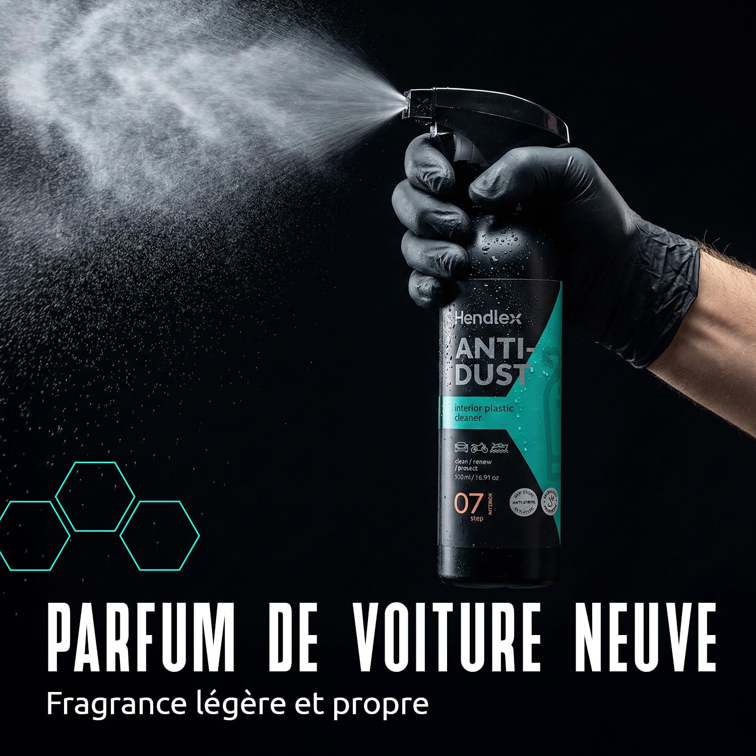 Hendlex Nettoyant Plastique Voiture 500 ML avec Chiffon Microfibre | Nettoie plastiques intérieurs et extérieurs, fini mat, effet antistatique, parfum frais, chiffon microfibre inclus