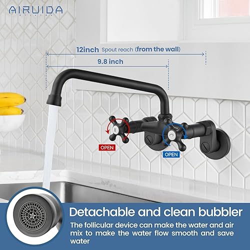 Miniatura 2 de Airuida Grifo de fregadero de cocina de montaje en pared negro mate de 9 pulgadas, alcance comercial, lavadero, restaurante, mezclador, centro