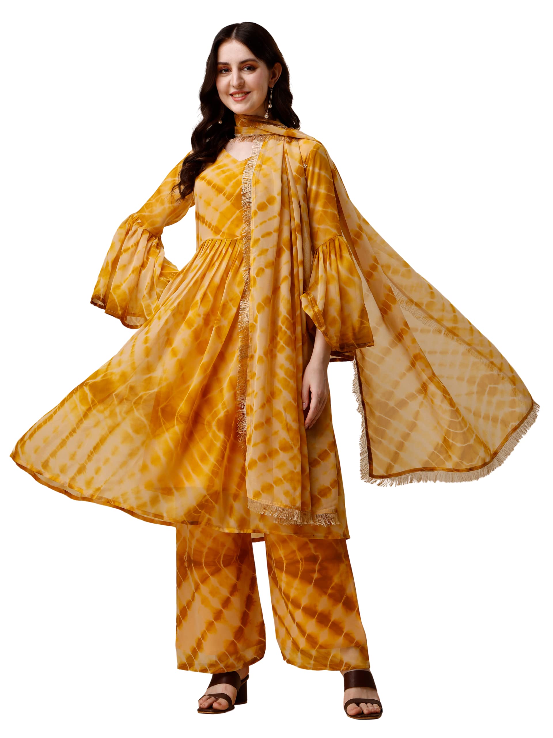 Vaidehi Fashion Yellow Printed Georgette Kruti with Palazzo & Duptta