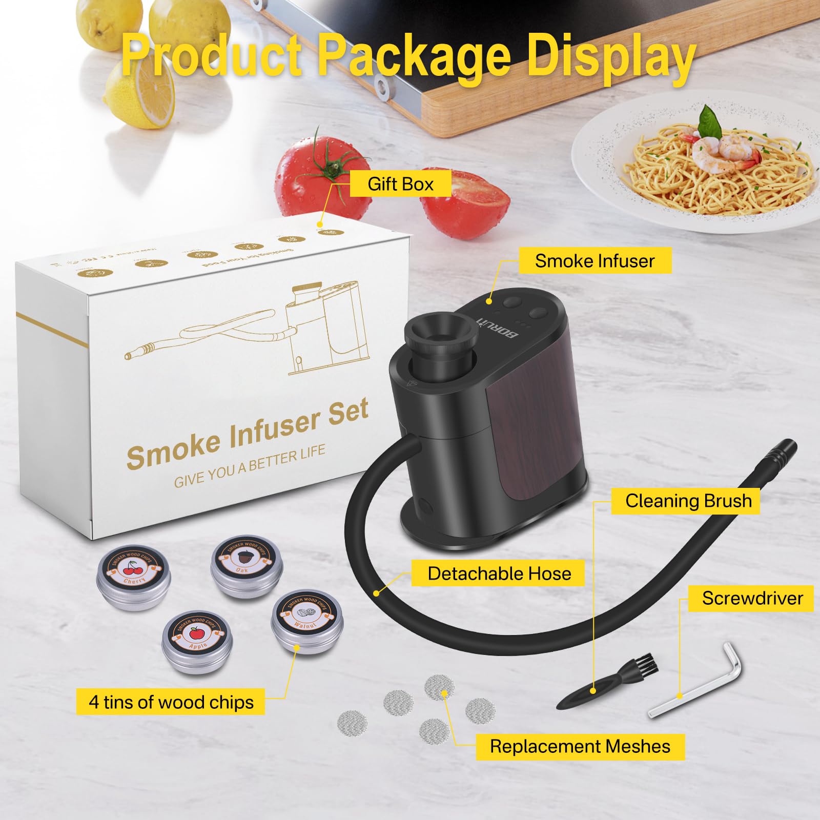 BORUIT Kit per affumicatore per cocktail, ricaricabile, regolabile, con 3 impostazioni, spegnimento automatico e 4 sapori, trucioli di legno con kit vecchio stile affumicato, regalo per uomini, papà