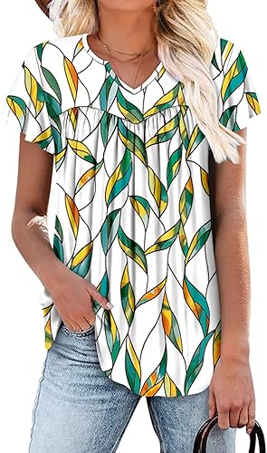 KISSMODA Tops for Womens Summer Cute Short Sleeve Shirts Trendy Notched Neck Blouses Casual Loose Pleated Tunics S-3Xl