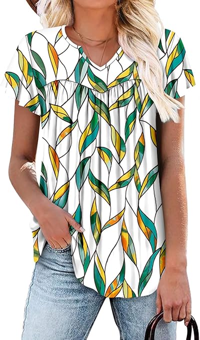 KISSMODA Tops for Womens Summer Cute Short Sleeve Shirts Trendy Notched Neck Blouses Casual Loose Pleated Tunics S-3Xl