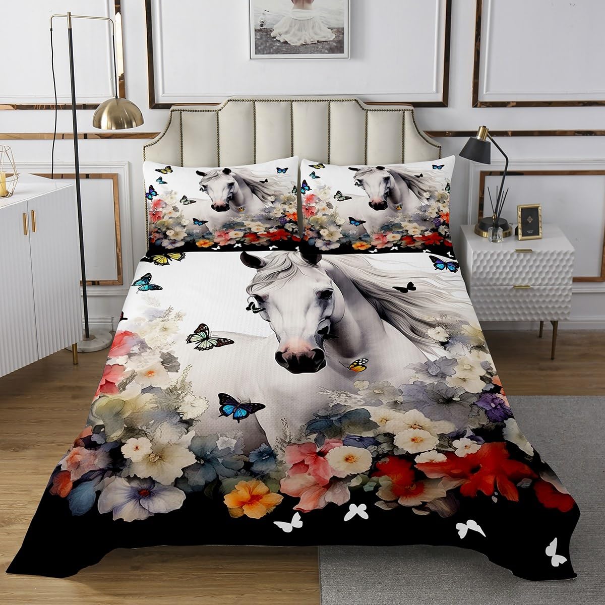 Feelyou Horse Coverlet Set Floral Butterflies Bedspread for Kids Boys Girls Children White Galloping Horse Quilt Set Ultra Soft Decor 3D Wild Animal Pattern Quilted Bedroom Collection Twin Size