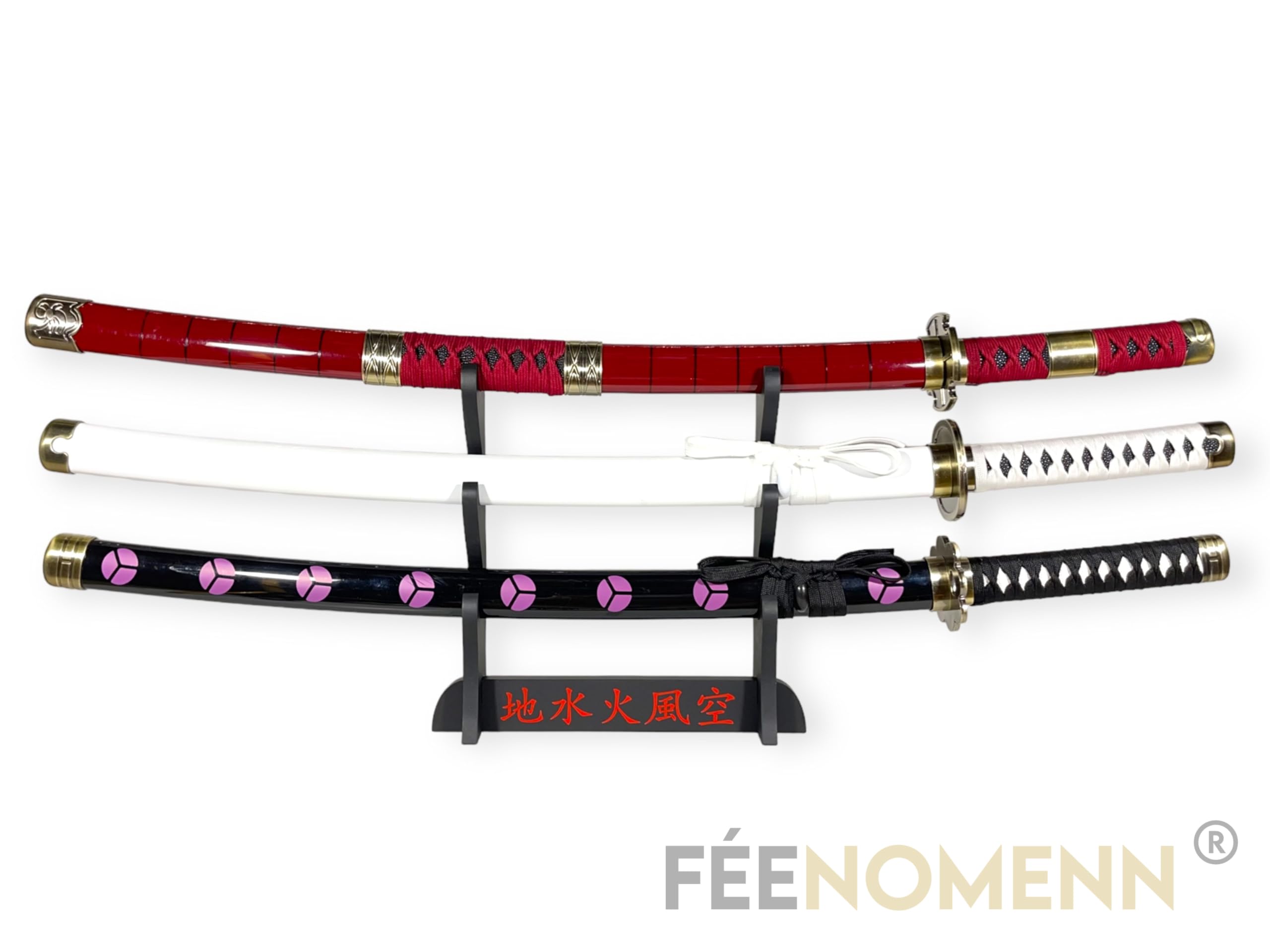Katane Decorative Giapponesi - Confezione da 3 Spade di Zoro (Shusui, Wado Ichimonji, Sandai Kitetsu) - Supporto Premium Incluso