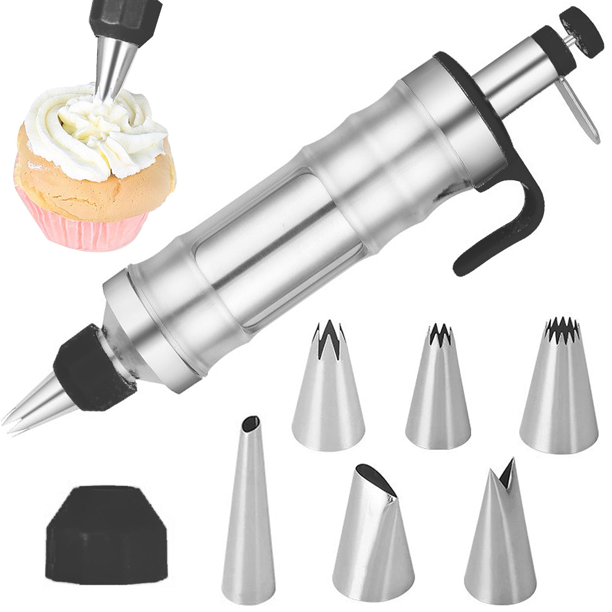 Seringue à garnir en acier inoxydable - Seringue à gâteau professionnelle - Pour décorer des gâteaux avec 6 douilles - Avec récipient transparent