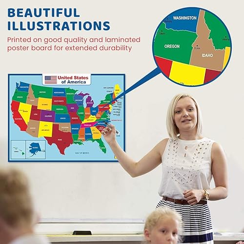 Miniatura 4 de Póster laminado de mapa de Estados Unidos, póster educativo de doble cara para niños y adultos, mapa impermeable de 17 x 23 pulgadas para el aula en