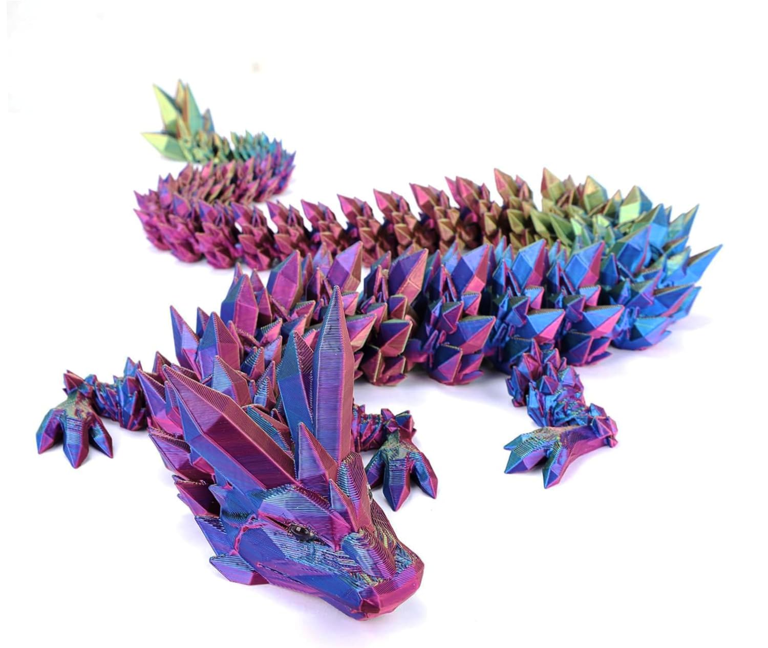 12" 3D Printed Articulated Crystal Dragon Fidget Toy - Three Color Flexible Dragon for Home Office Decor, Stress Relief, Easter Basket Stuffers