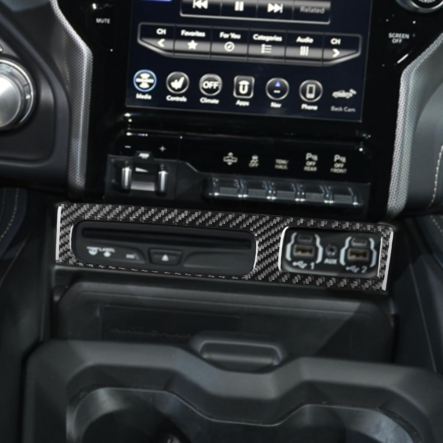 Car Carbon Fiber Accessories USB Port Panel Protective Cover Sticker Compatible with Dodge RAM 1500/2500/3500 2019 2020 2021 2022 2023 Crew Cab