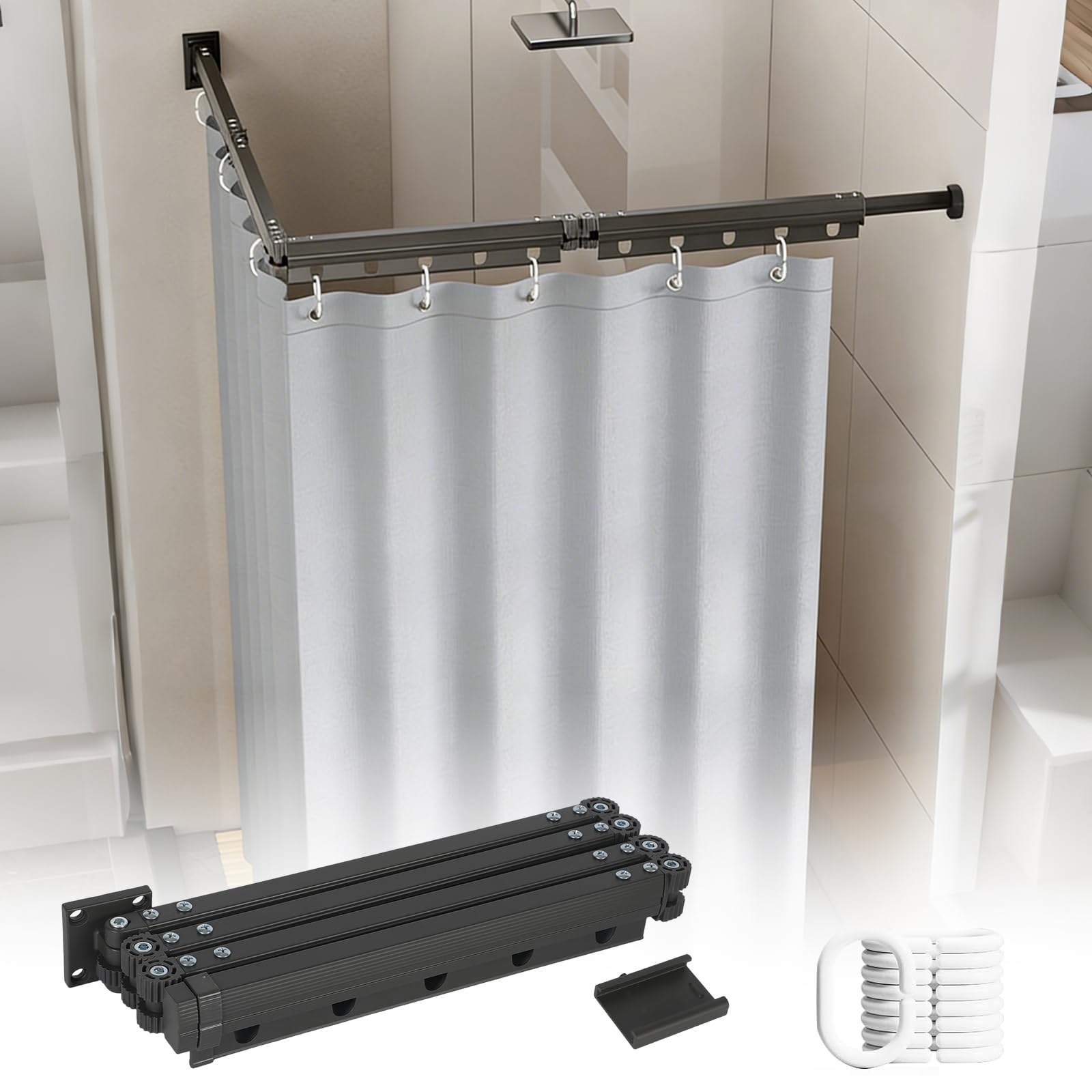 Foldable Shower Curtain Rail with Waterproof Shower Curtain, Drill/Adhesive-mounted Shower Curtain Pole, L Shaped Shower Curtain Rod, Curved Curtain Pole for Bathroom (Black, 4‑Fold)