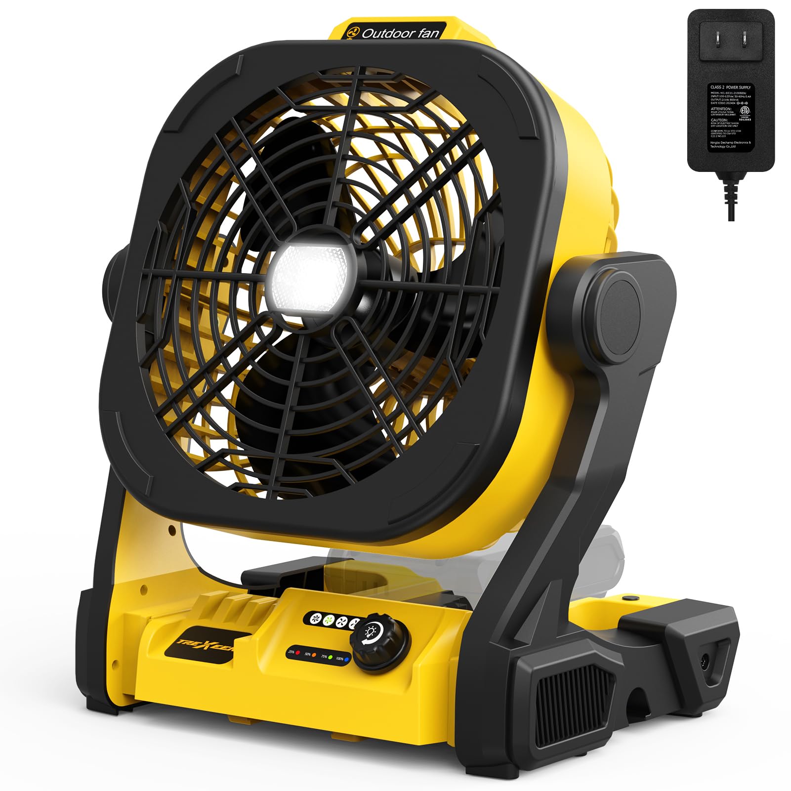 Battery Operated Fan for Dewalt 20V Max battery, Portable Fan with AC Adapter & LED Lights, 4 Speeds & Hook, Cordless/Camping/Battery Powered fan, for Outdoor Jobsite (Battery Not Included)