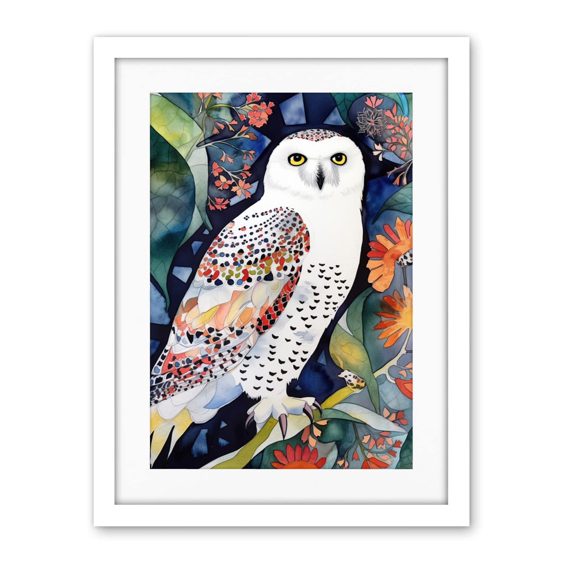 Artery8 Snowy Owl On Blooming Tree Folk Art Artwork Framed Wall Art Print 18X24 Inch
