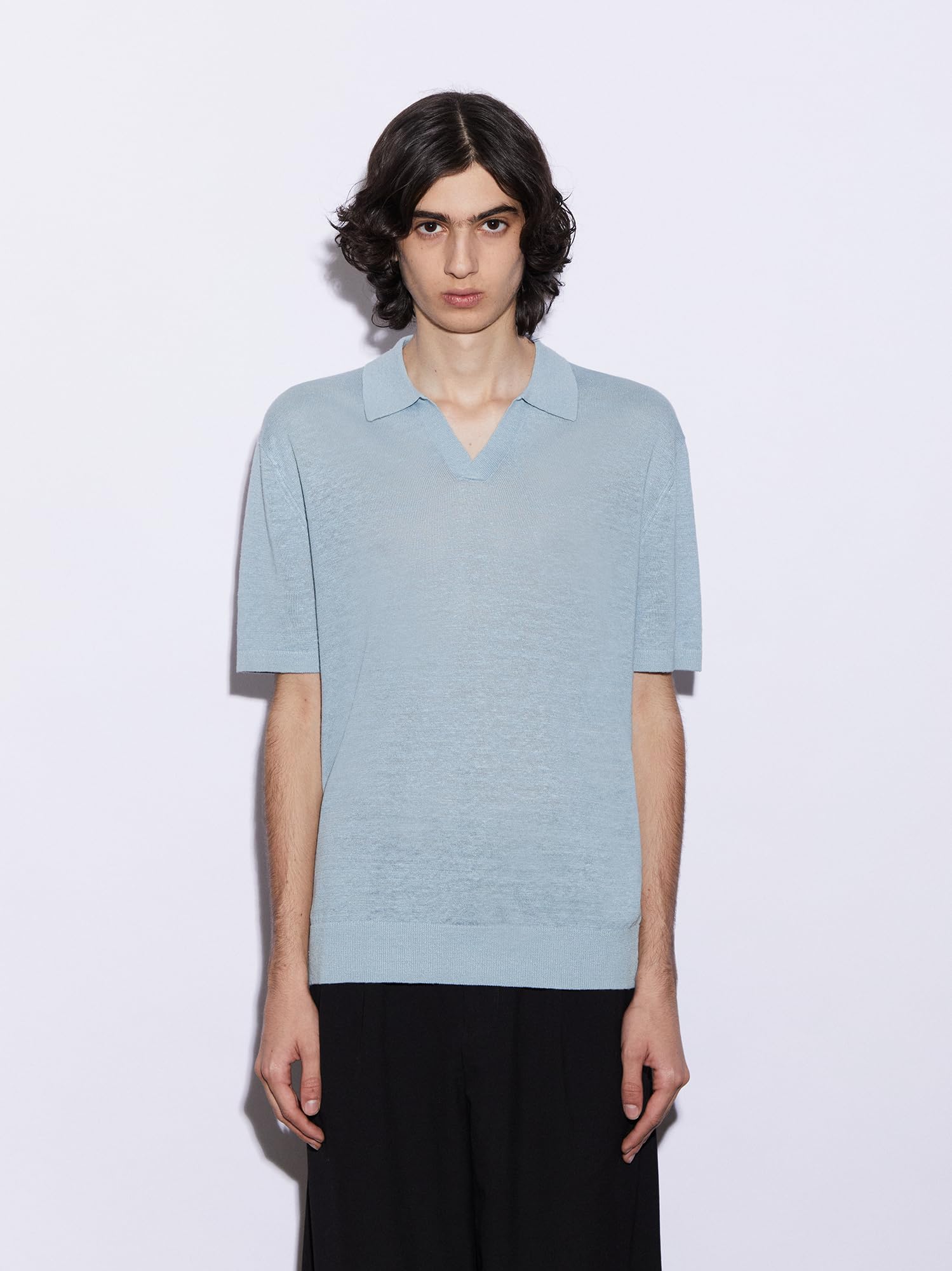 Diana Studio 100% lniana koszulka polo bez guzików, męska, z krótkim rękawem, casualowy, XL, jasnoniebieski