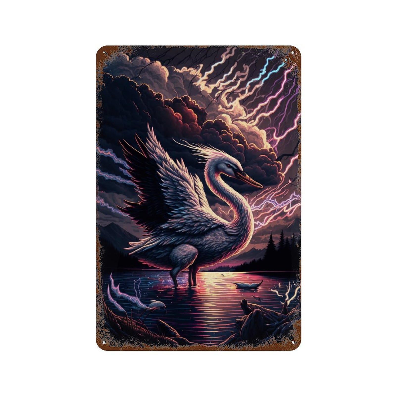 Weathered Tin Sign with Enchanted Swan Lightning Storm Design 11.8"x7.9", for Office, Studio And Wall Decor, Retro Wall Decor