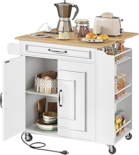 Kitchen Island with Power Outlets & Drop Leaf, Rolling Kitchen Cart on W...
