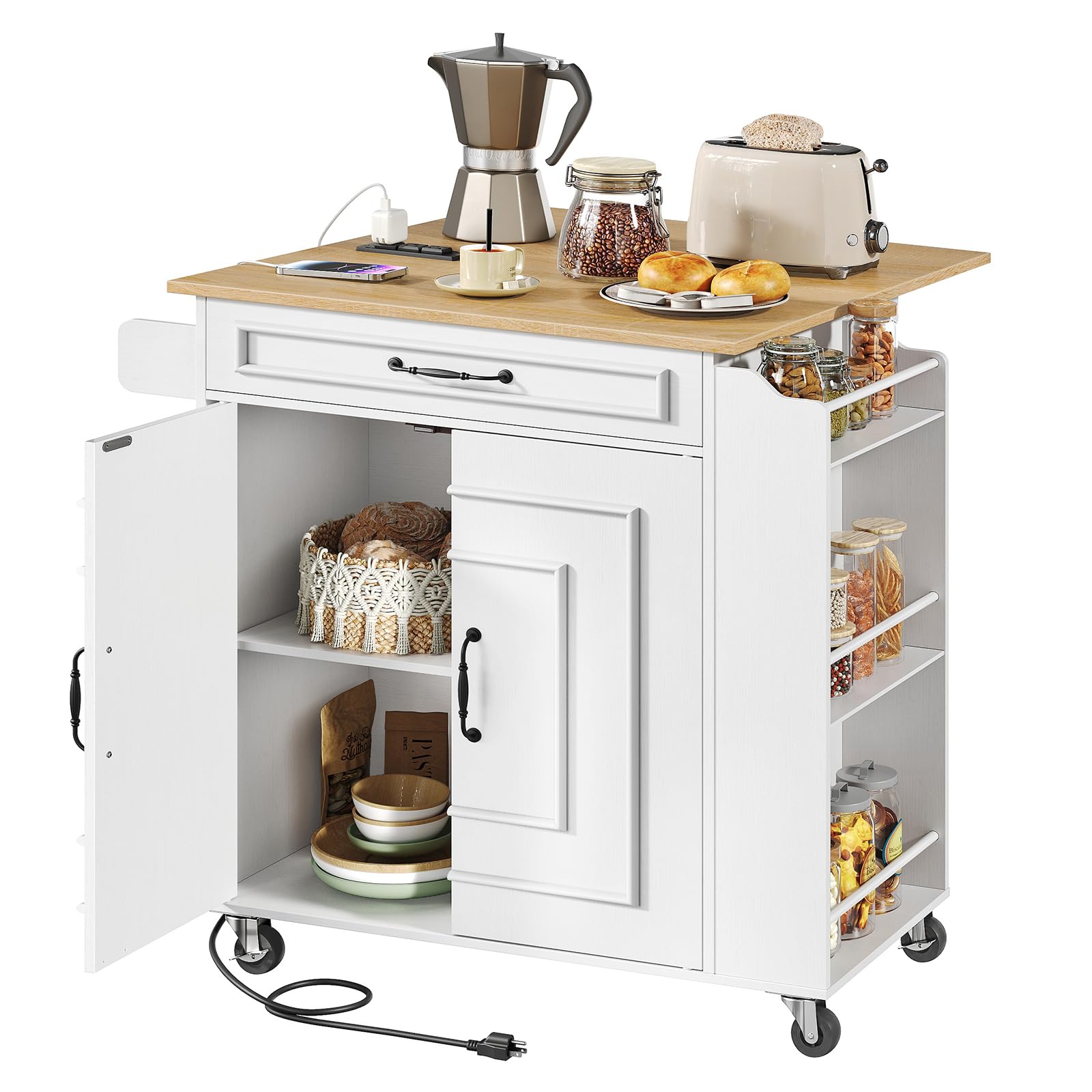 RALGEND Kitchen Island with Power Outlets & Drop Leaf, Rolling Kitchen Cart on Wheels, Kitchen Storage Island with Spice Rack and Drawer, Mobile