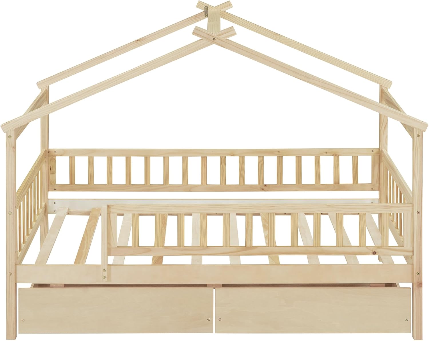 Merax Twin Size Wooden House Bed with Two Drawers, Wood Bed Frame with Roof and Safety Guardrail for Kids, Teens, Boys or Girls, Natural