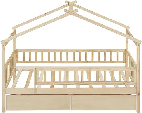 Miniatura 4 de Merax Cama de Casa de Madera Tamaño Individual con Dos Cajones, Marco de Cama de Madera con Techo y Barandilla de Seguridad para Niños,