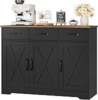 HOSTACK Modern Farmhouse Buffet Sideboard with Barn Doors, Drawers & Shelves - Rustic Storage Cabinet for Kitchen, Dining Room