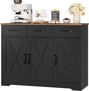 HOSTACK Modern Farmhouse Buffet Sideboard with Barn Doors, Drawers & Shelves - Rustic Storage Cabinet for Kitchen, Dining Room