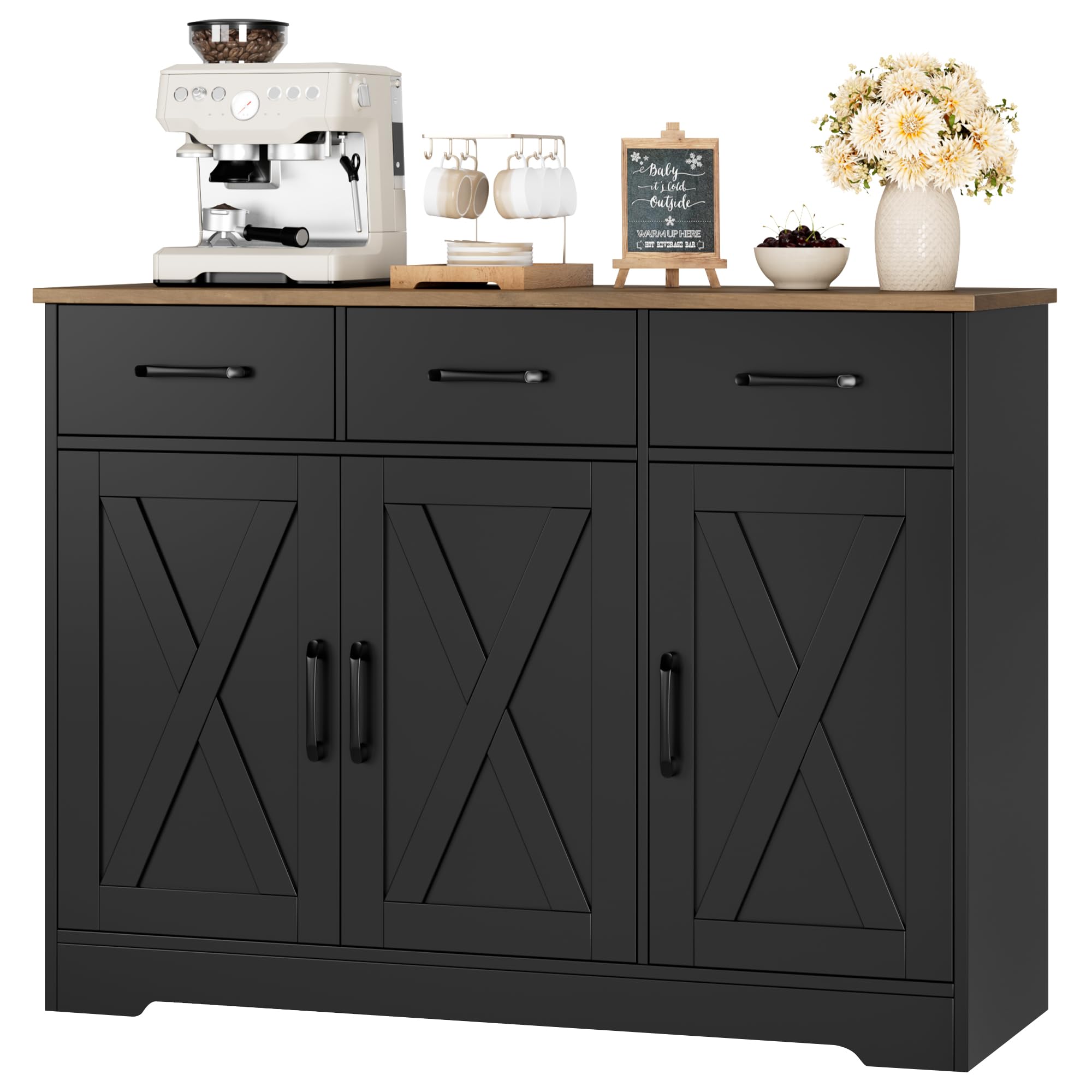 HOSTACK Modern Farmhouse Buffet Sideboard Cabinet, Barn Doors Storage Cabinet with Drawers and Shelves, Wood Coffee Bar with Storage for Dining Room, Kitchen, Living Room, Black/Rustic Brown