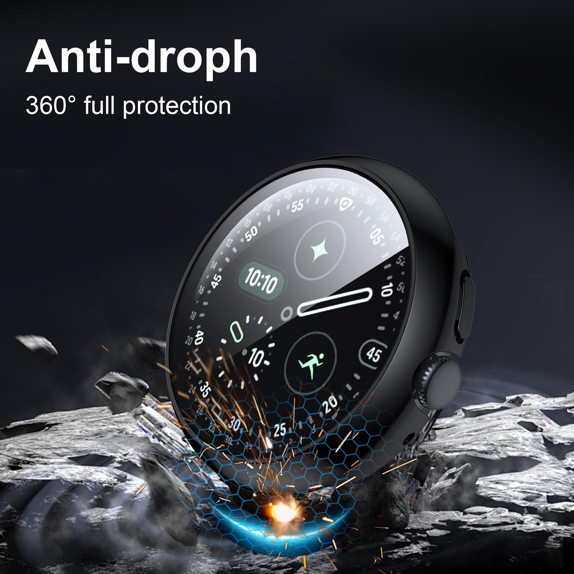 Fitudoos 2 x etui na PC, kompatybilne z Google Pixel Watch 4 45 mm, twarda obudowa PC z osłoną ekranu ze szkła hartowanego, ochrona przed upadkiem, 1 przezroczysta i 1 czarna