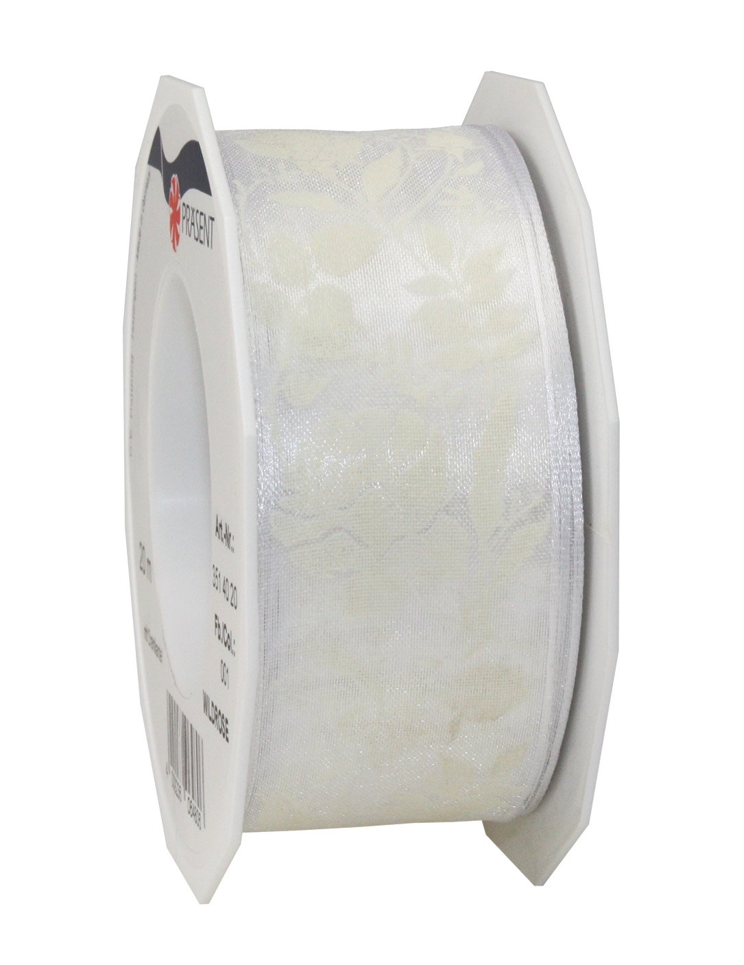 PRÄSENT - Wildrose Wired Ribbon White 40 mm width, 20 m length, White-red