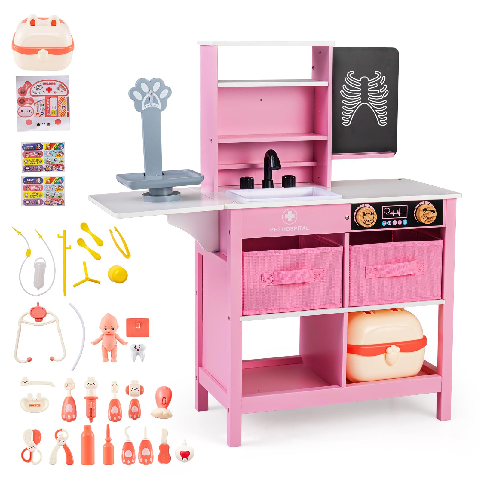 COSTWAY Wooden Doctor Playset, Kids Role Play Medical Station with Blackboard, Pet Scale, Faucet, Sink, Folding Tabletop, Drawers & Accessories, Pretend Hospital Play Set for Boys Girls (Pink + White)