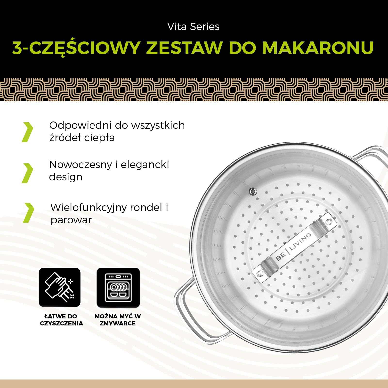 Be Living 3-częściowy garnek do makaronu – Ø 24 cm (7,5 l), duży garnek do gotowania makaronu ze stali nierdzewnej z sitkiem, indukcyjny garnek do spaghetti ze szklaną pokrywką, seria Vita