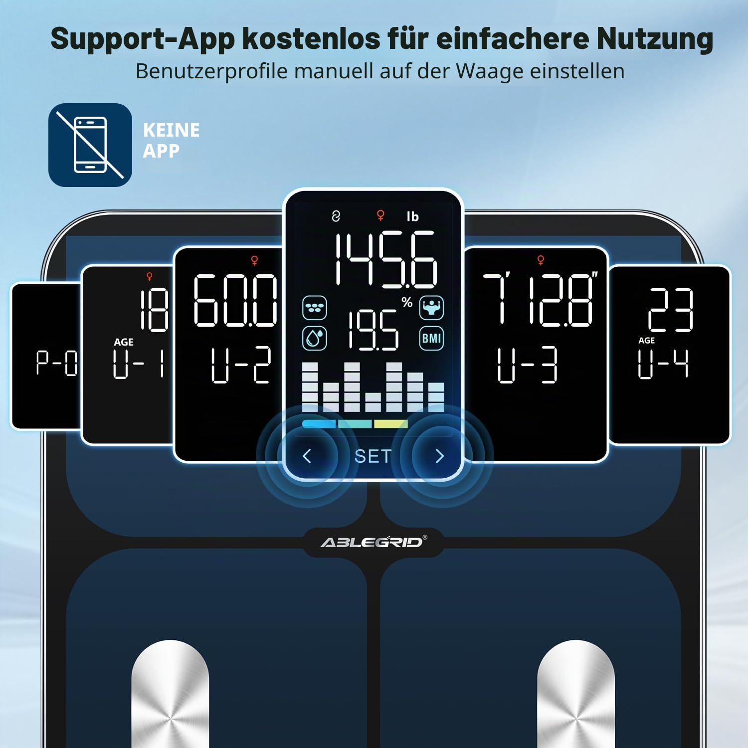 ABLEGRID Digitale intelligente Personenwaage für Körpergewicht und Fettanteil, Körperfettwaage mit großem BMI-LCD-Display, genauer Körperzusammensetzungsanalysator, Wiegemaschine für Menschen mit