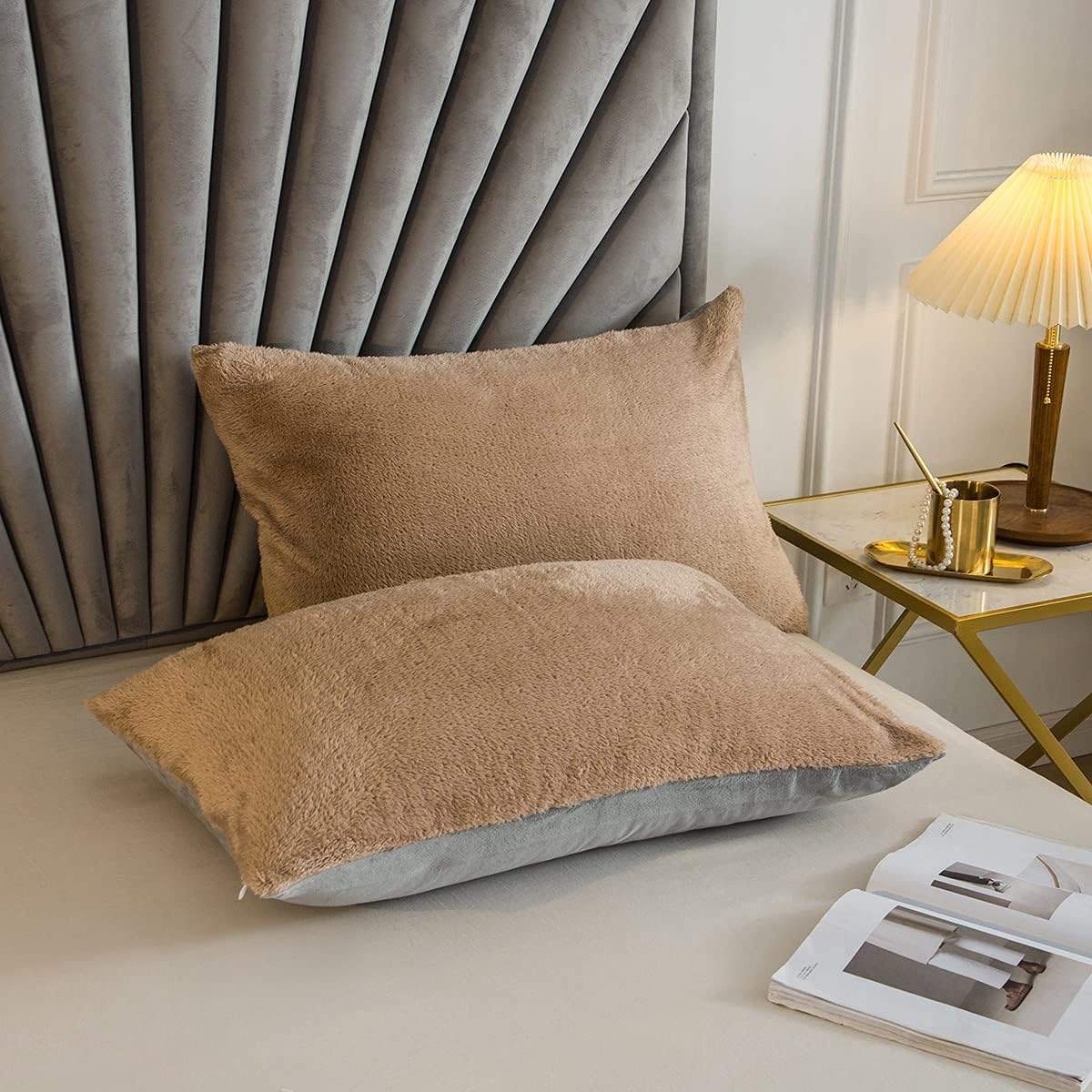 JSZS Luxury Angel Velvet Shaggy Duvet Cover Set Ultra Soft Fluffy Duvet Cover King Bedding Set 3 Pieces (1 Duvet Cover+ 2 Pillow Shams, Camel)