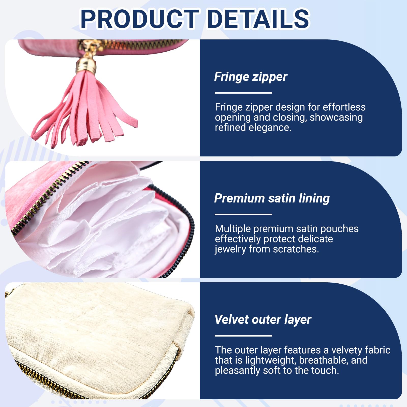 LELE LIFE Schmuck-Reiseetui, Samt, kleine Schmuck-Organizer-Tasche mit Quasten-Reißverschluss, 6 Fächer für Armband, Ring, Ohrringe, Damen, Geschenke, Rosa + Creme, 2 Stück
