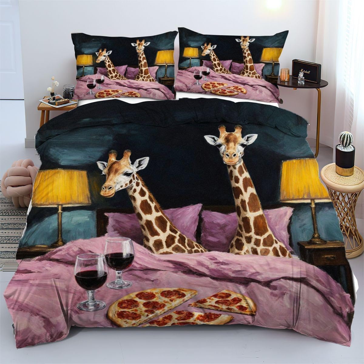 Linge de lit enfant 140x200 haut de gamme girafe rose anti-plis