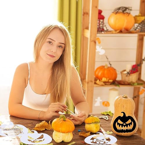 Miniatura 6 de Plantillas decorativas de calabazas de Halloween de 16 piezas de plantillas de calabaza de plástico reutilizables de dibujo de calabaza plantillas